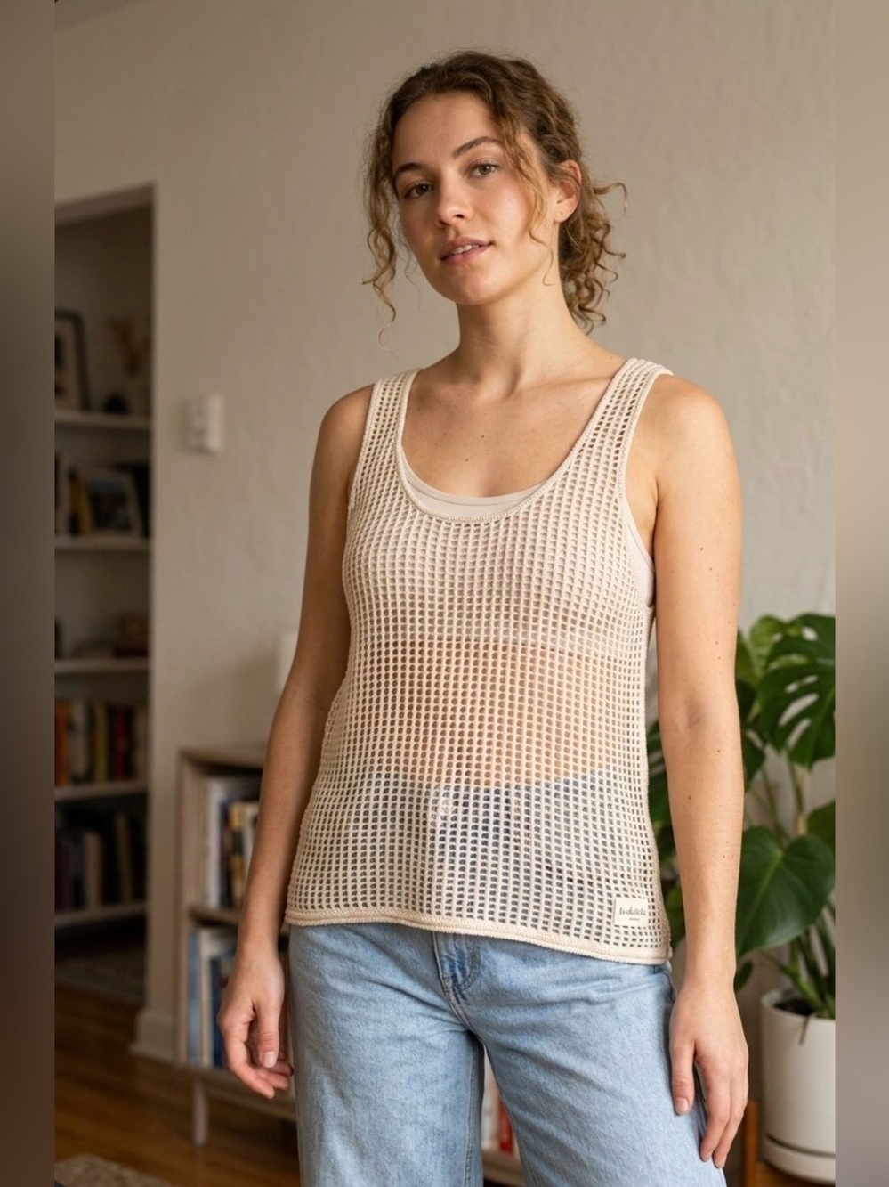 Women's Medium Beige Sheer Fishnet Knit Tank Top Layering Piece